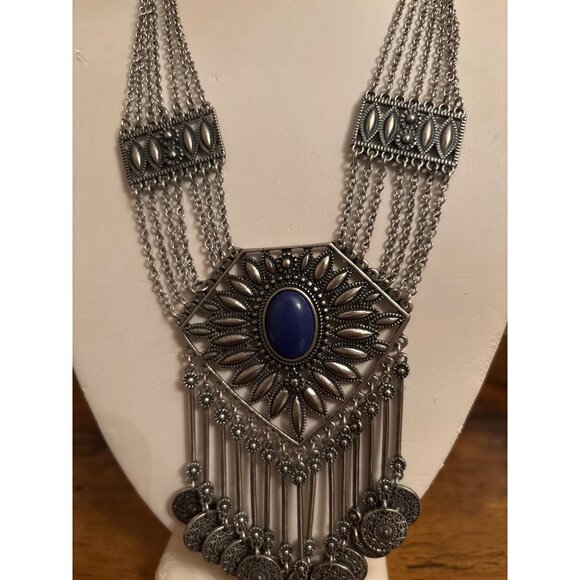 Boho Gypsy Coin Bib Necklace Bold Silver Statement With Blue Stone - Picture 14 of 16